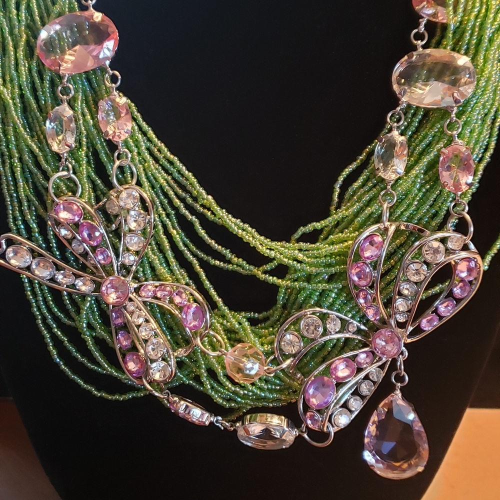 Sassy jones Vintage Elegant Green and Pink Butterfly Necklace